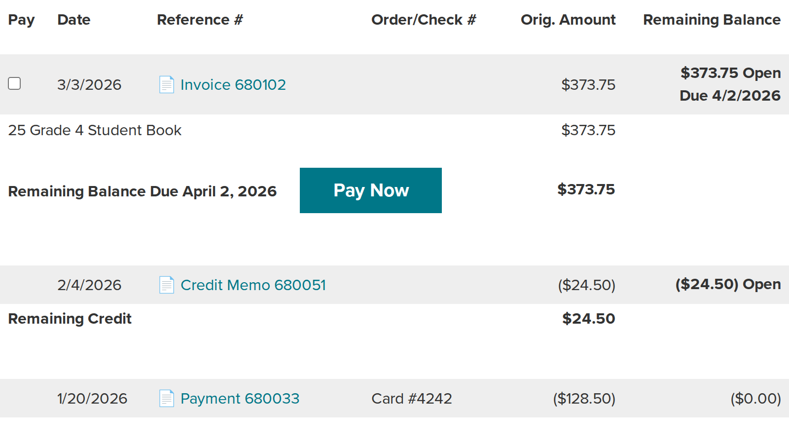 Invoices & Payments: an open invoice with a Pay Now button, a credit memo, and a payment by card.