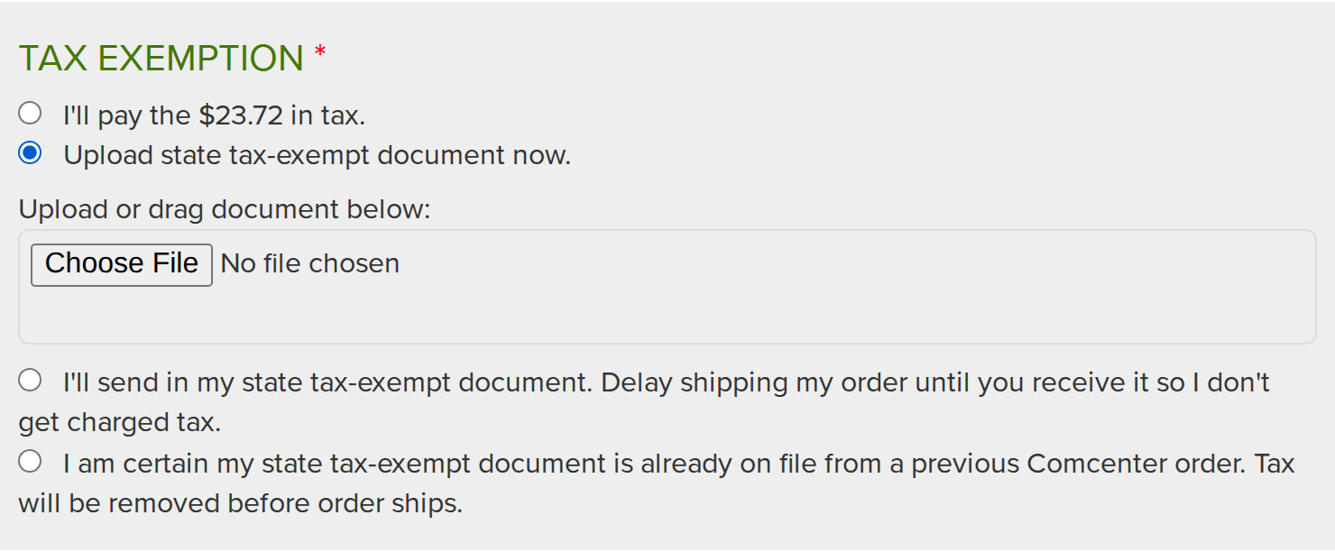 The Tax Exemption choice at checkout, with Upload state tax-exempt document now picked and a file box under it.