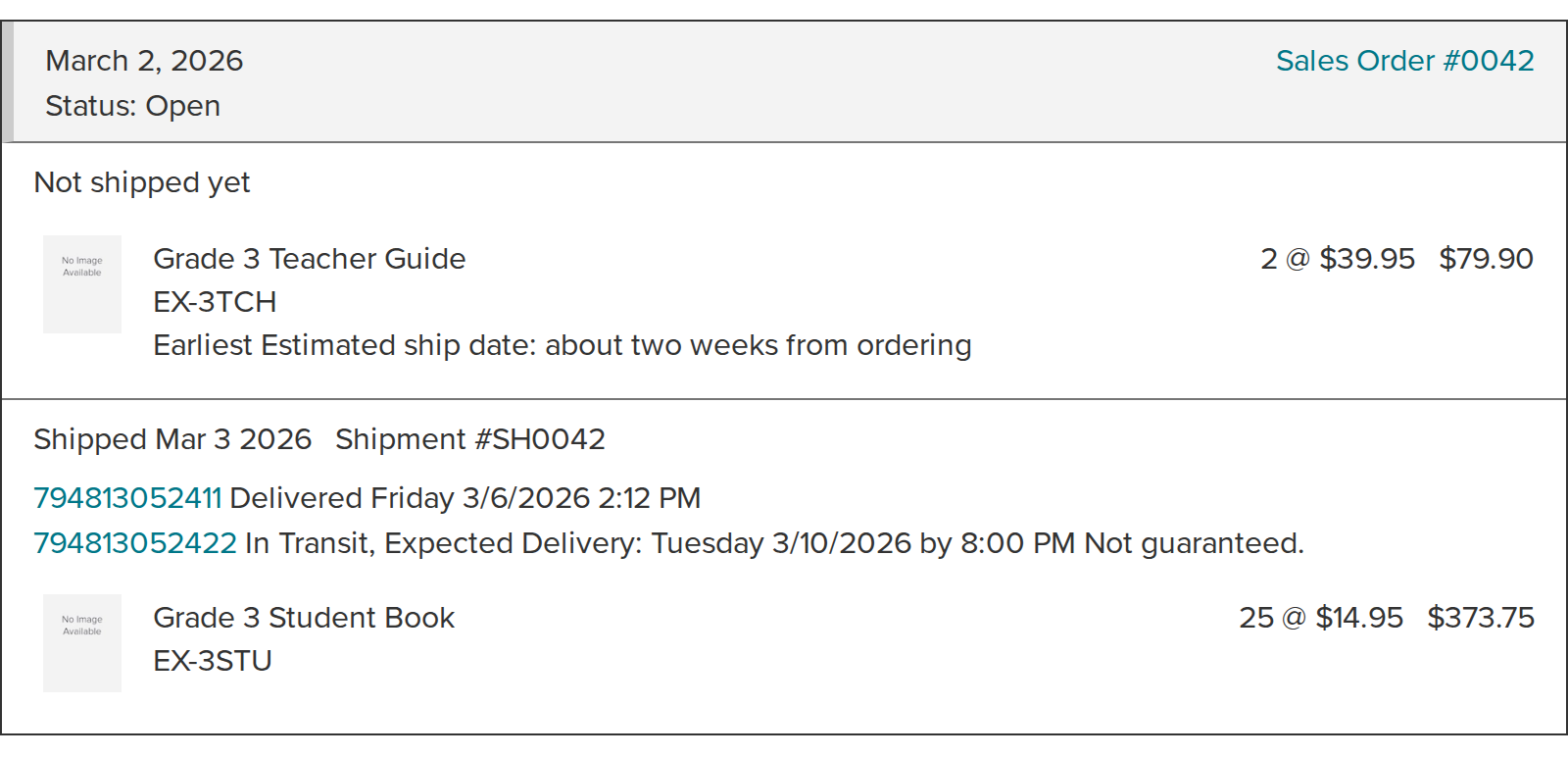 An order on Your Orders: one package delivered, a second in transit with its tracking number, and a backordered item under Not shipped yet.